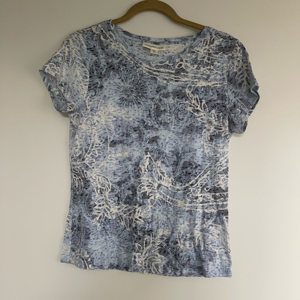 Coldwater Creek Light Blue Floral Short Sleeve Tee